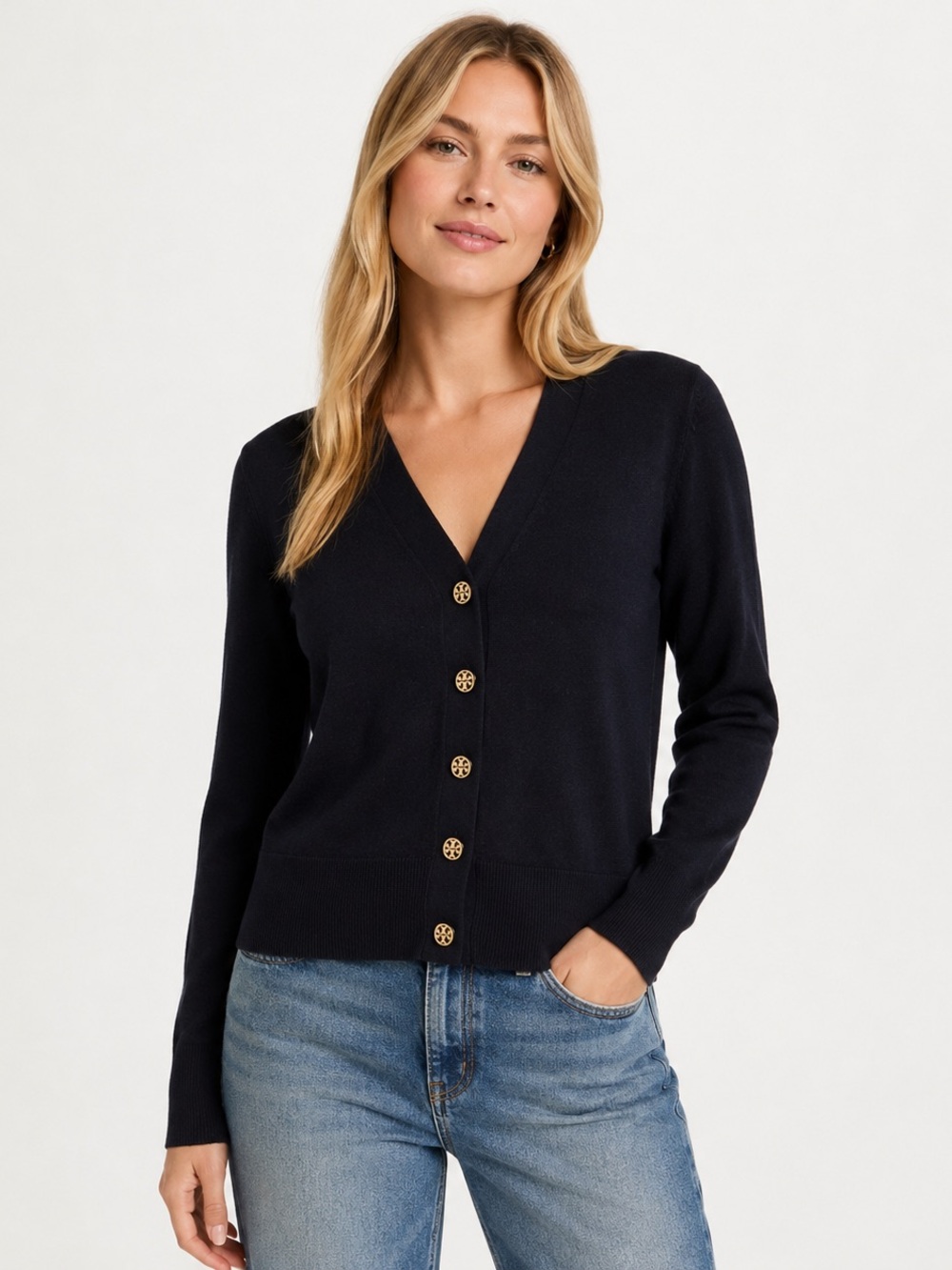 Tory Burch Simone Wool Cardigan Navy Logo Button Size XL